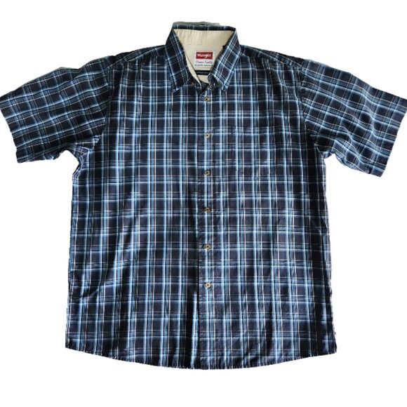 Wrangler Shirt Wrinkle Resistant Men's Large Blue Plaid Short Sleeve Button Down - Picture 9 of 9